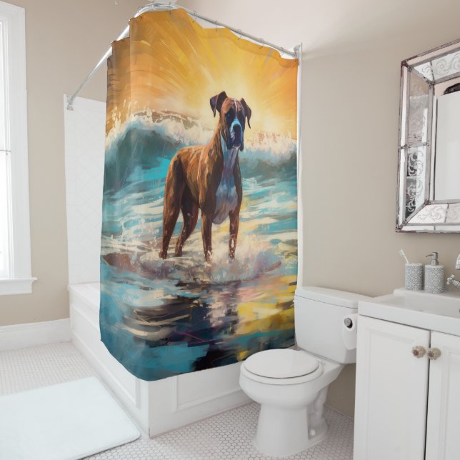Boxer Beach Surfing Painting Shower Curtain (In Situ)