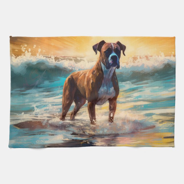 Boxer Beach Surfing Painting Tea Towel (Horizontal)