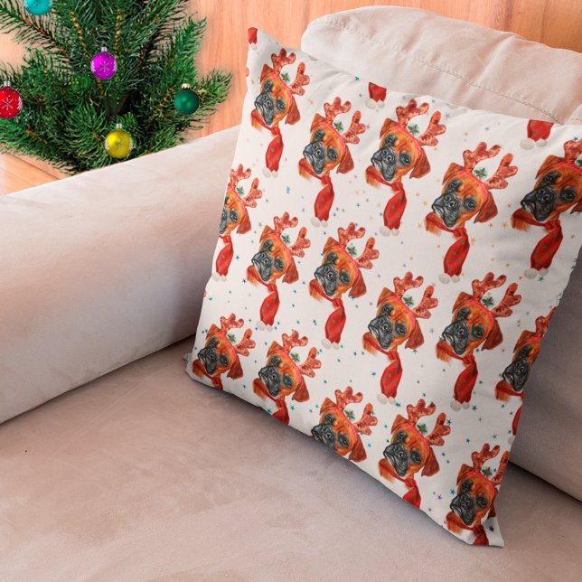 Boxer Breed Watercolor Dog Pattern Stars Christmas Cushion (Creator Uploaded)