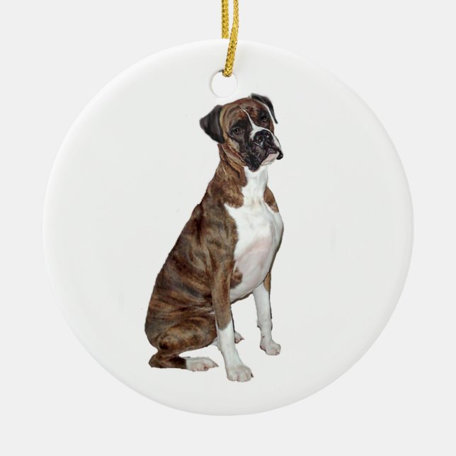 Boxer - brindle (natural ears) ceramic tree decoration (Front)