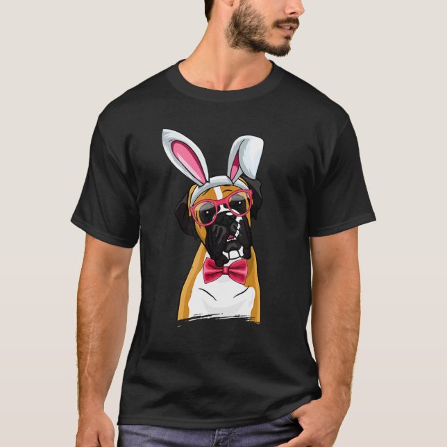 Boxer Bunny Ears Glasses Eggs Cute Easter Dog Owne T-Shirt (Front)
