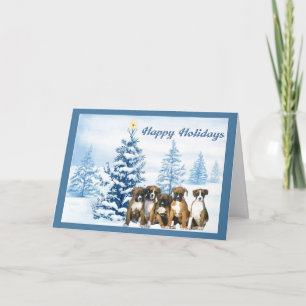Boxer Christmas Blue Tree Greeting Card