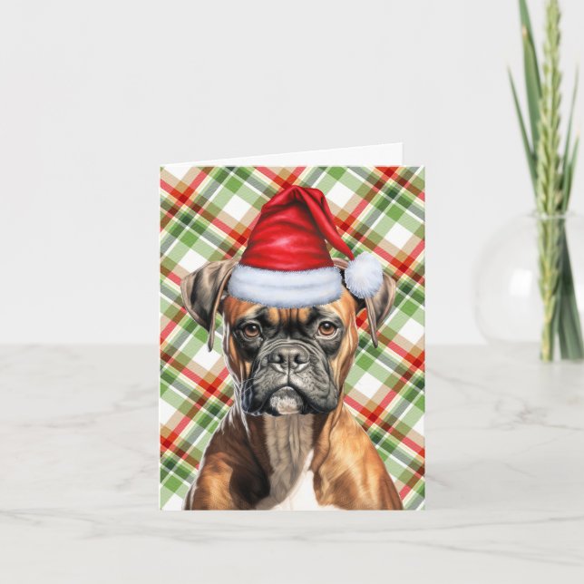 Boxer Christmas Dog and Green Red Plaid Christmas Holiday Card (Front)