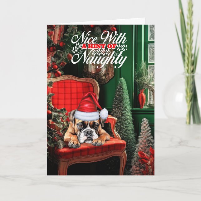 Boxer Christmas Dog Naughty or Nice Holiday Card (Front)