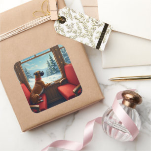 Boxer Christmas Eve Train Ride Painting Square Sticker