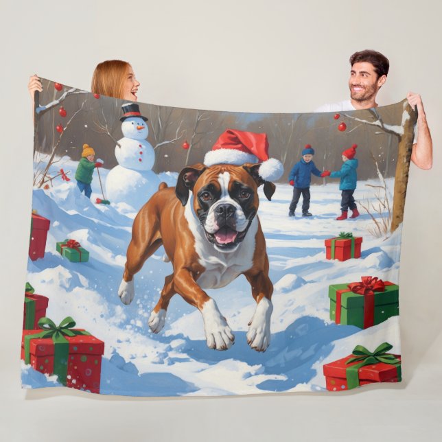 Boxer Christmas Festive Snow Scene Fleece Blanket (In Situ)