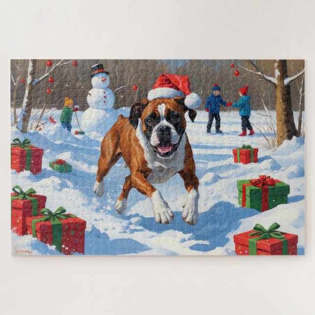 Boxer Christmas Festive Snow Scene Jigsaw Puzzle (Horizontal)