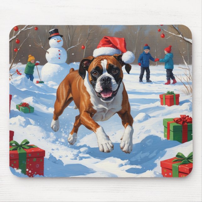 Boxer Christmas Festive Snow Scene Mouse Mat (Front)