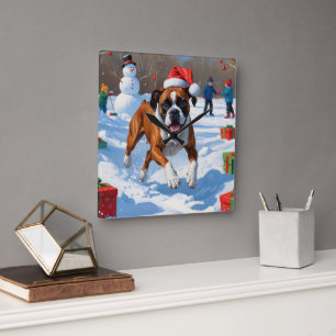 Boxer Christmas Festive Snow Scene Square Wall Clock