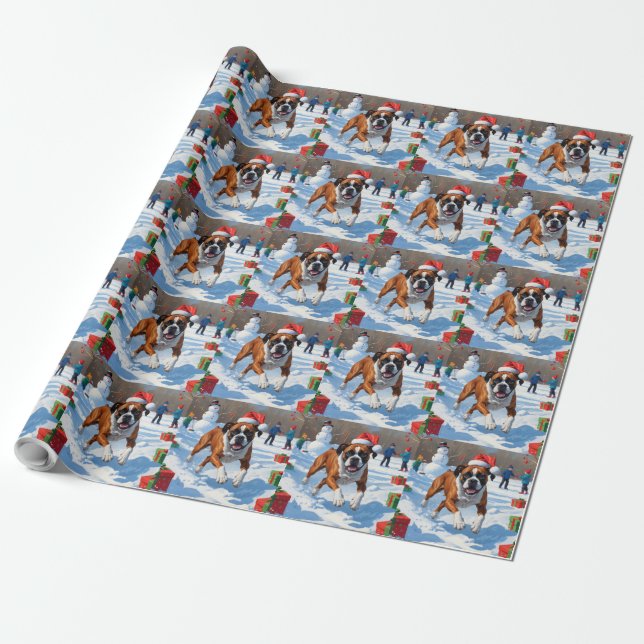 Boxer Christmas Festive Snow Scene Wrapping Paper (Unrolled)