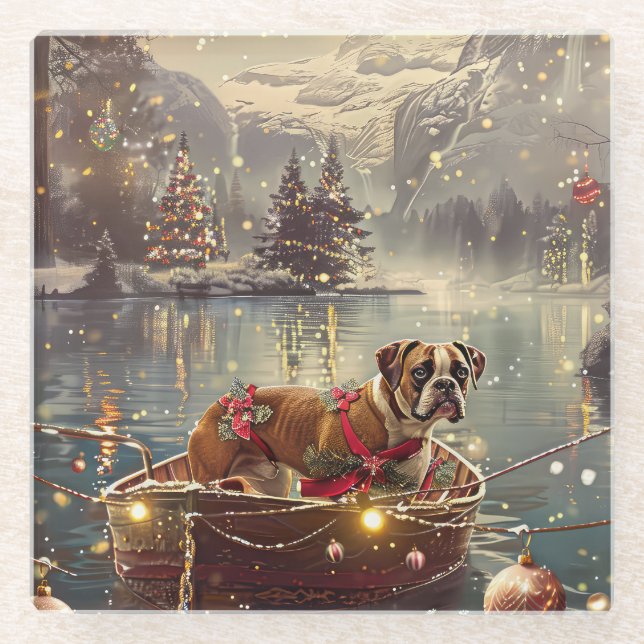 Boxer Christmas Festive Voyage Glass Coaster (Front)