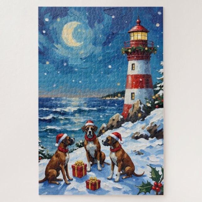 Boxer Christmas Lighthouse Holiday Jigsaw Puzzle (Vertical)