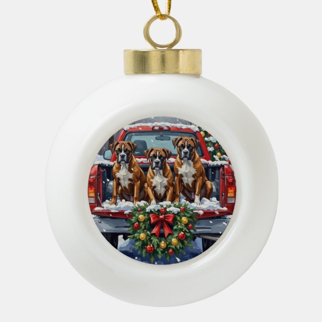 Boxer Christmas Red Truck Holiday Ceramic Ball Christmas Ornament (Front)