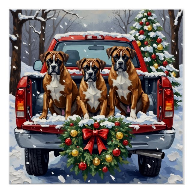 Boxer Christmas Red Truck Holiday Poster (Front)