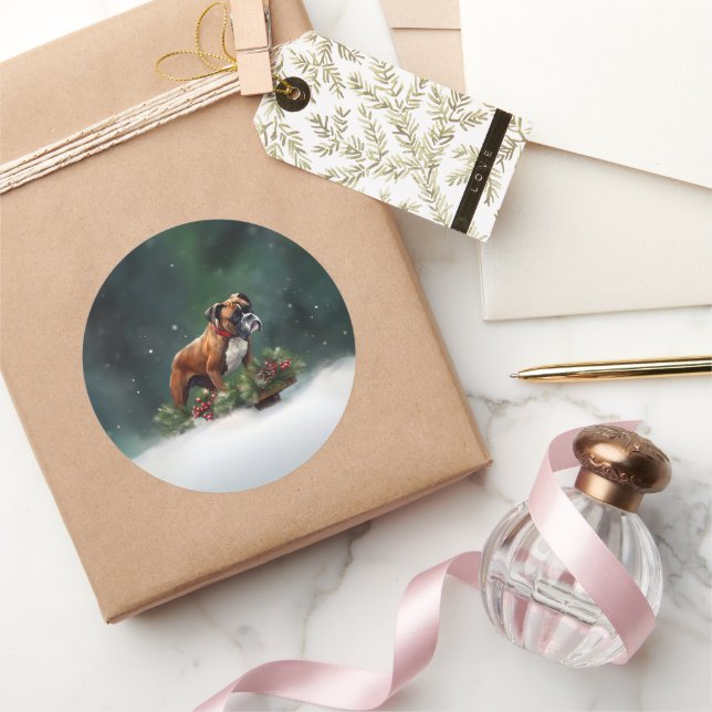 Boxer Christmas snow winter Classic Round Sticker (Gifting)