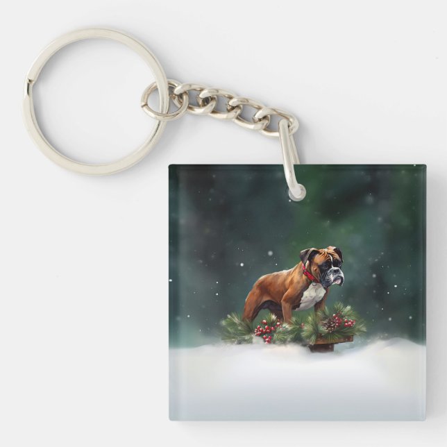 Boxer Christmas snow winter Key Ring (Front)