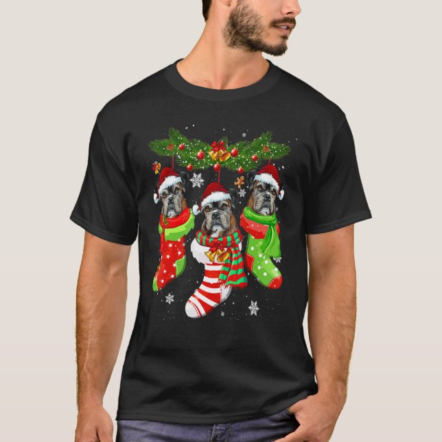 Boxer Christmas Socks Tree Light Xmas Santa Hat T-Shirt (Front)