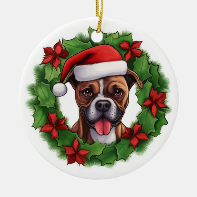 Boxer Christmas Wreath Ceramic Tree Decoration (Front)