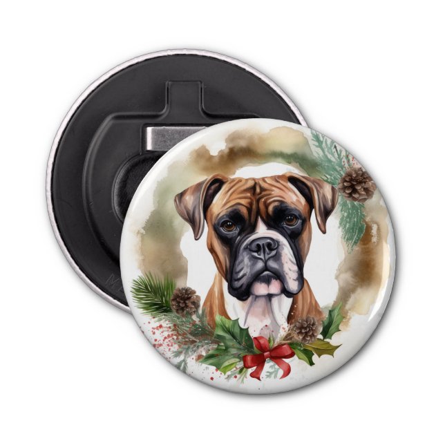 Boxer Christmas Wreath Festive Pup Bottle Opener (Front)