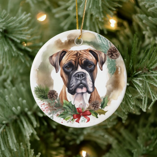 Boxer Christmas Wreath Festive Pup Ceramic Tree Decoration (Tree)