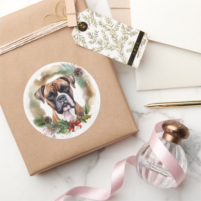 Boxer Christmas Wreath Festive Pup Classic Round Sticker (Gifting)