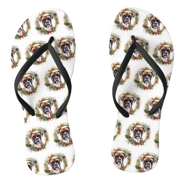 Boxer Christmas Wreath Festive Pup Flip Flops (Footbed)
