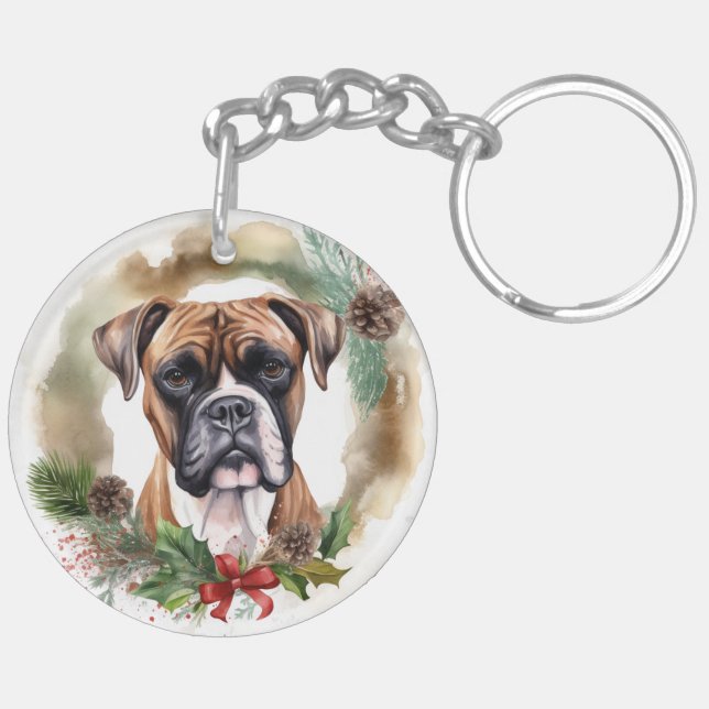 Boxer Christmas Wreath Festive Pup Key Ring (Back Left)