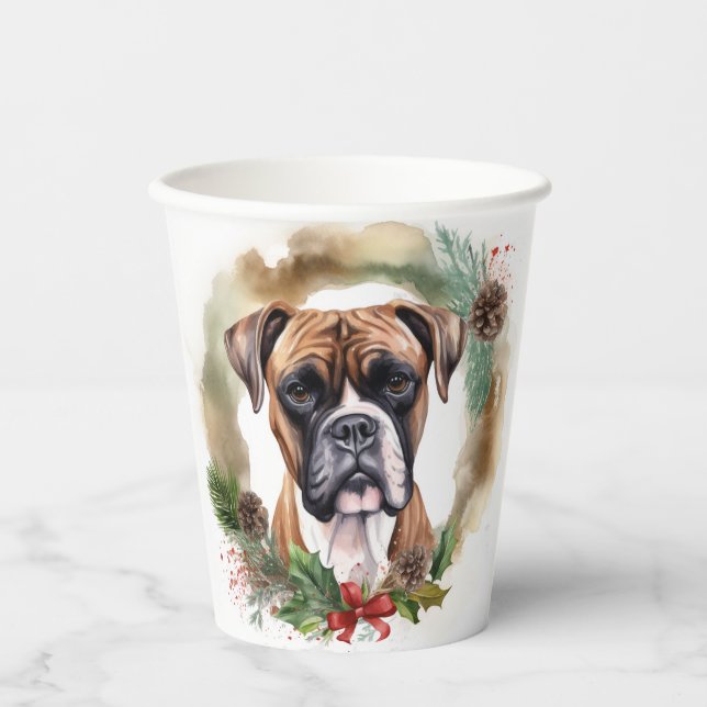 Boxer Christmas Wreath Festive Pup Paper Cups (Front)