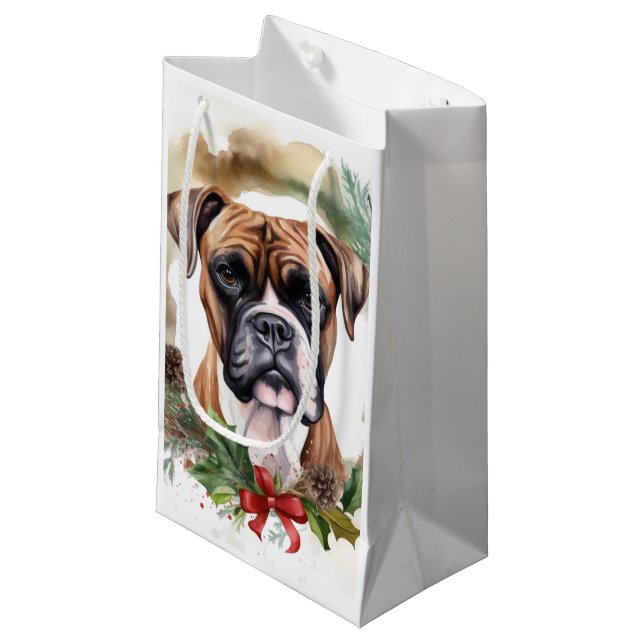 Boxer Christmas Wreath Festive Pup Small Gift Bag (Front Angled)
