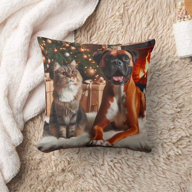 Boxer Dog and Cat Christmas Cushion (Blanket)