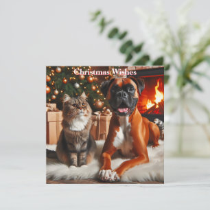 Boxer Dog and Cat Christmas Holiday Card
