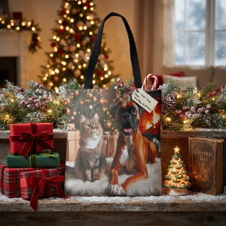 Boxer Dog and Cat Christmas Tote Bag