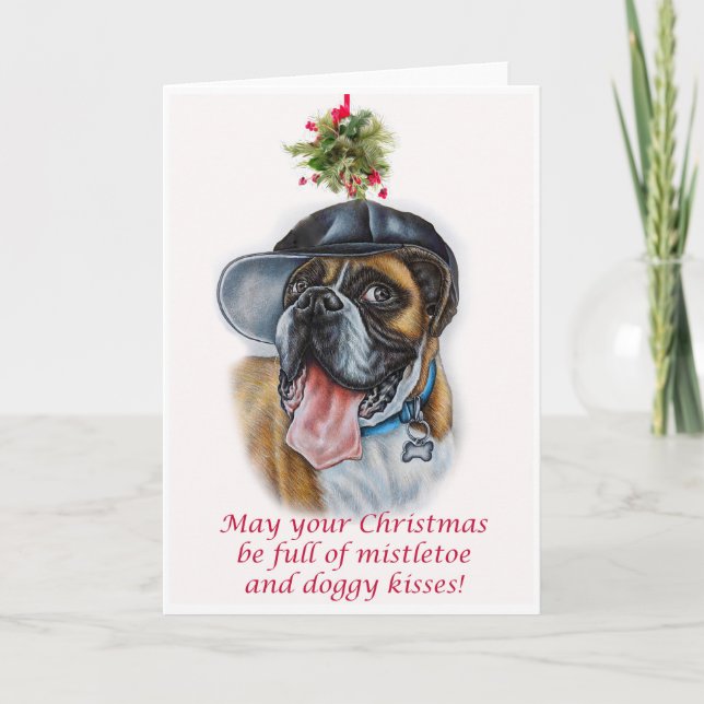 Boxer Dog and Mistletoe Christmas Art Card (Front)