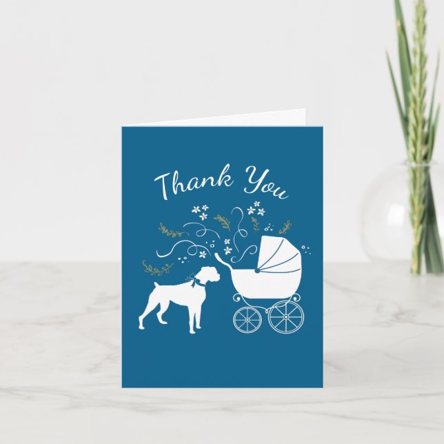 Boxer Dog Baby Shower Puppy Blue Boy Thank You Card (Front)