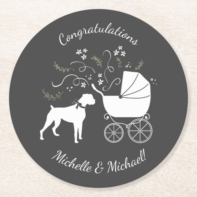 Boxer Dog Baby Shower Puppy Grey Round Paper Coaster (Front)