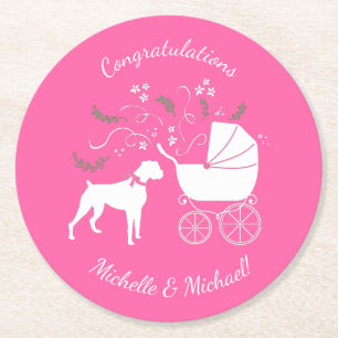 Boxer Dog Baby Shower Puppy Pink Girl Round Paper Coaster