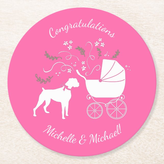 Boxer Dog Baby Shower Puppy Pink Girl Round Paper Coaster (Front)