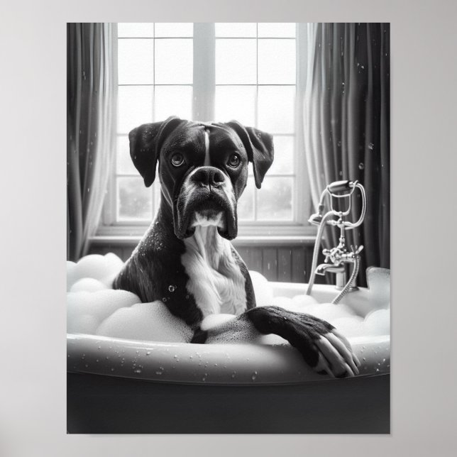 Boxer Dog Bathroom Wall Art, Boxer Taking a Bath  Poster (Front)