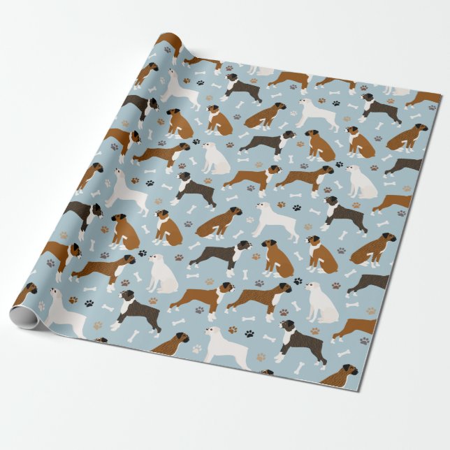 Boxer Dog Bones and Paws Wrapping Paper (Unrolled)