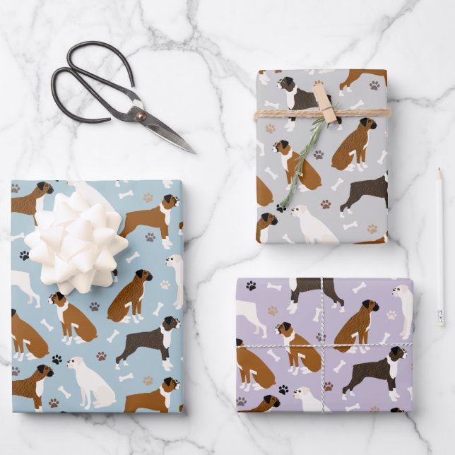 Boxer Dog Bones and Paws Wrapping Paper Sheet (Front)