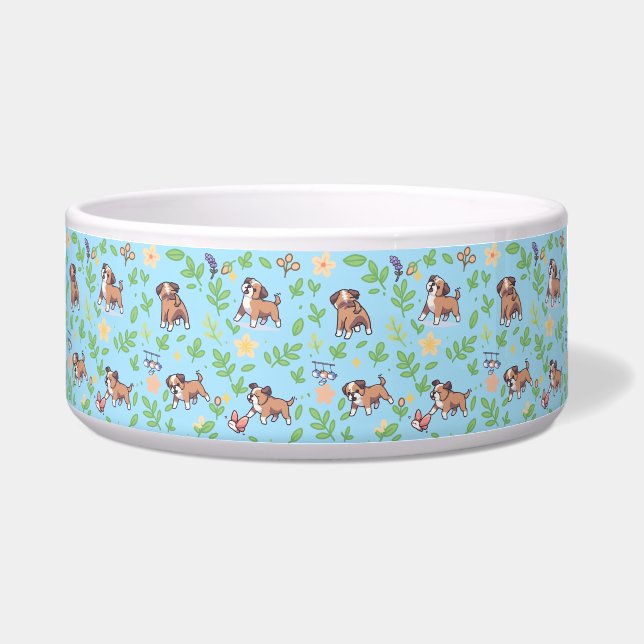 Boxer Dog Bowl Spring Floral Pet Feeding Design (Front)