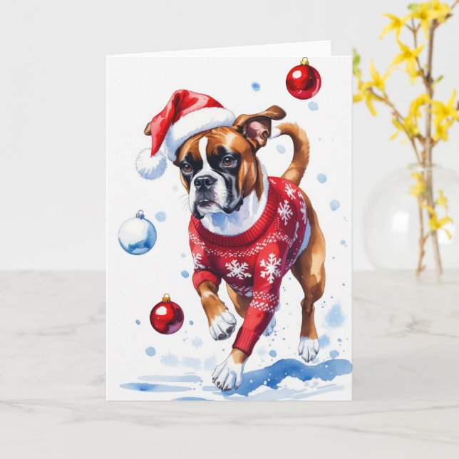 Boxer Dog Christmas Greeting Card (Yellow Flower)