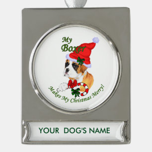Boxer Dog Christmas Personalised Silver Plated Banner Ornament
