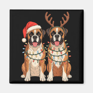 Boxer Dog Christmas Santa Hat Reindeer Lights Paja Magnet
