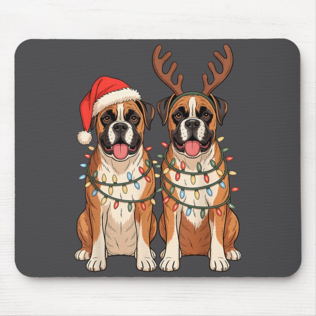 Boxer Dog Christmas Santa Hat Reindeer Lights Paja Mouse Mat (Front)