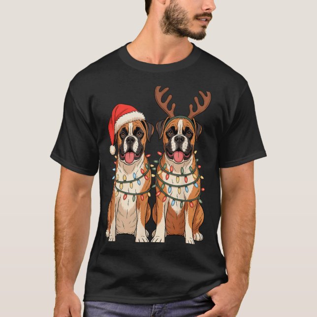 Boxer Dog Christmas Santa Hat Reindeer Lights Paja T-Shirt (Front)