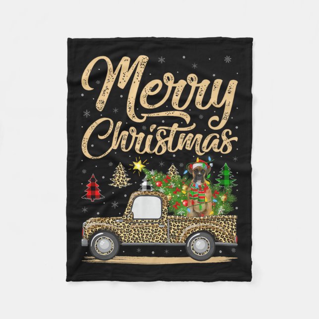 Boxer Dog Christmas Tree Leopard Truck Dog Christm Fleece Blanket (Front)