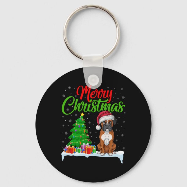Boxer Dog Christmas Tree Lights Funny Xmas Boxer D Key Ring (Front)