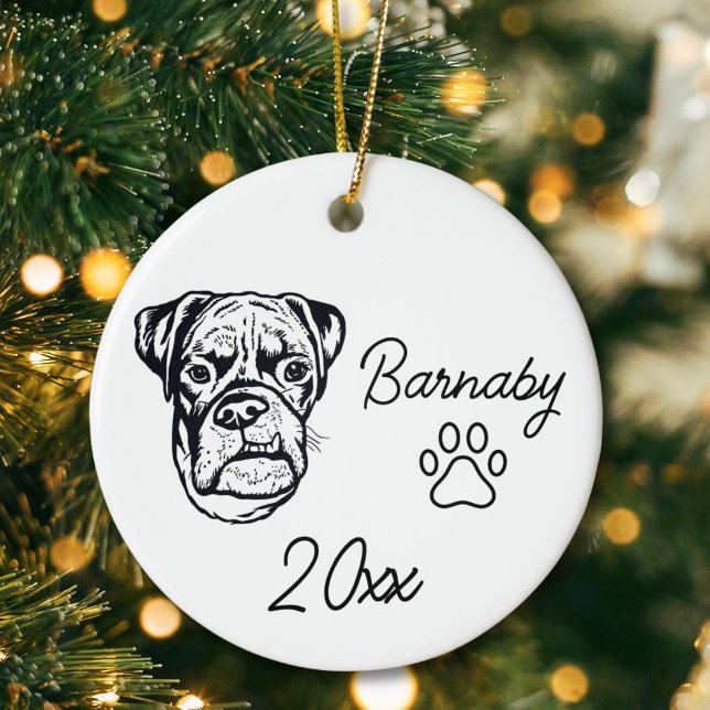 Boxer Dog Custom Name & Year Line Art Ceramic Tree Decoration (Boxer Dog Custom Name and Year Ornament with Paw Print. Black and White Line Art Modern)