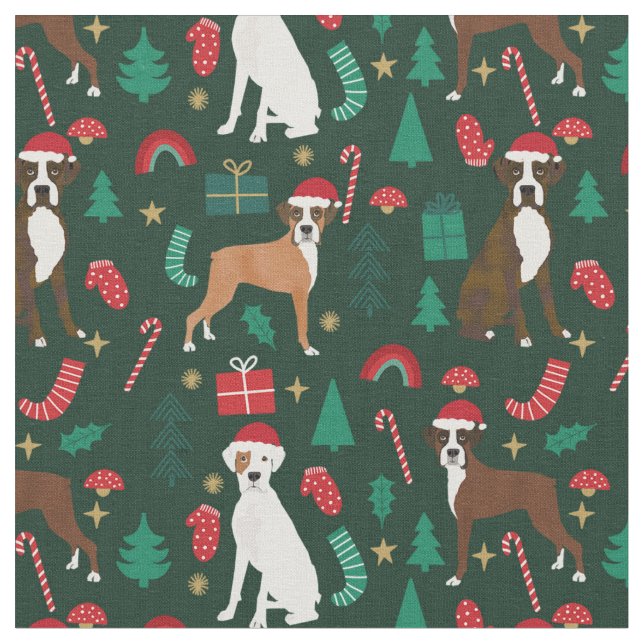 Boxer dog cute christmas dark green fabric (Close Up)